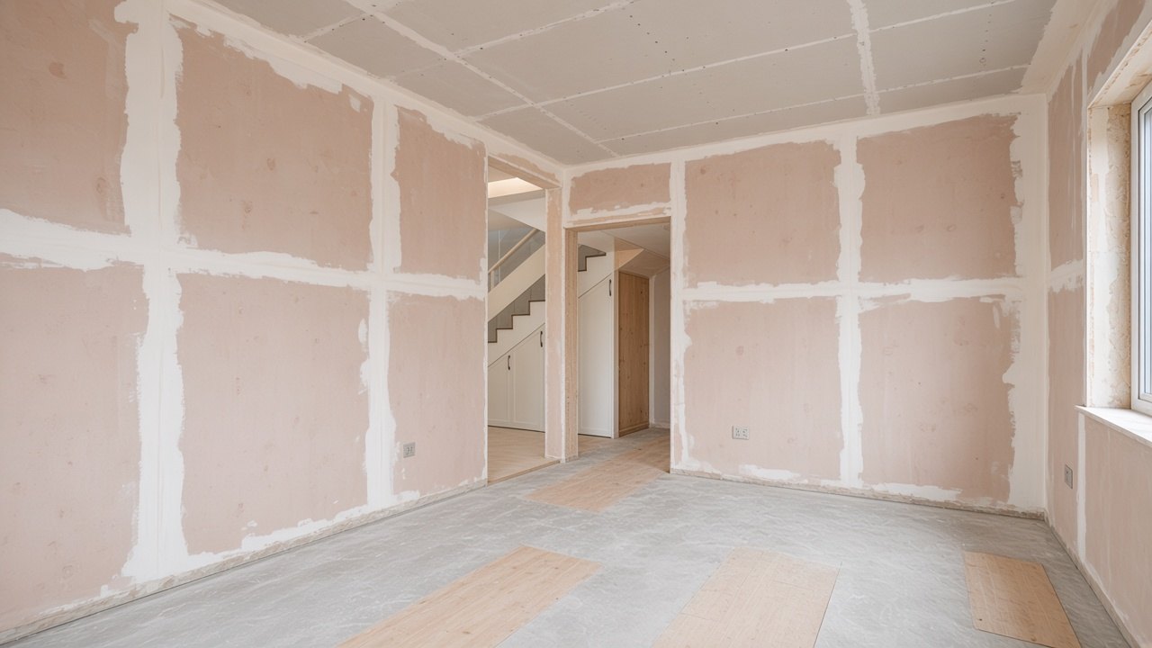 Bare developer-shell living room before refurbishment with unfinished plaster walls and concrete floor